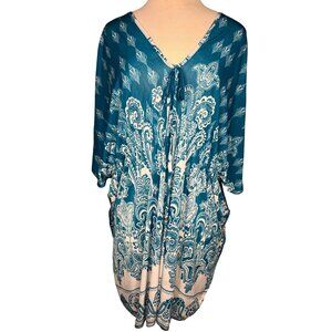 Jessica Taylor NYC blouse 3X 26/28 pull over teal white V-neck short sleeve